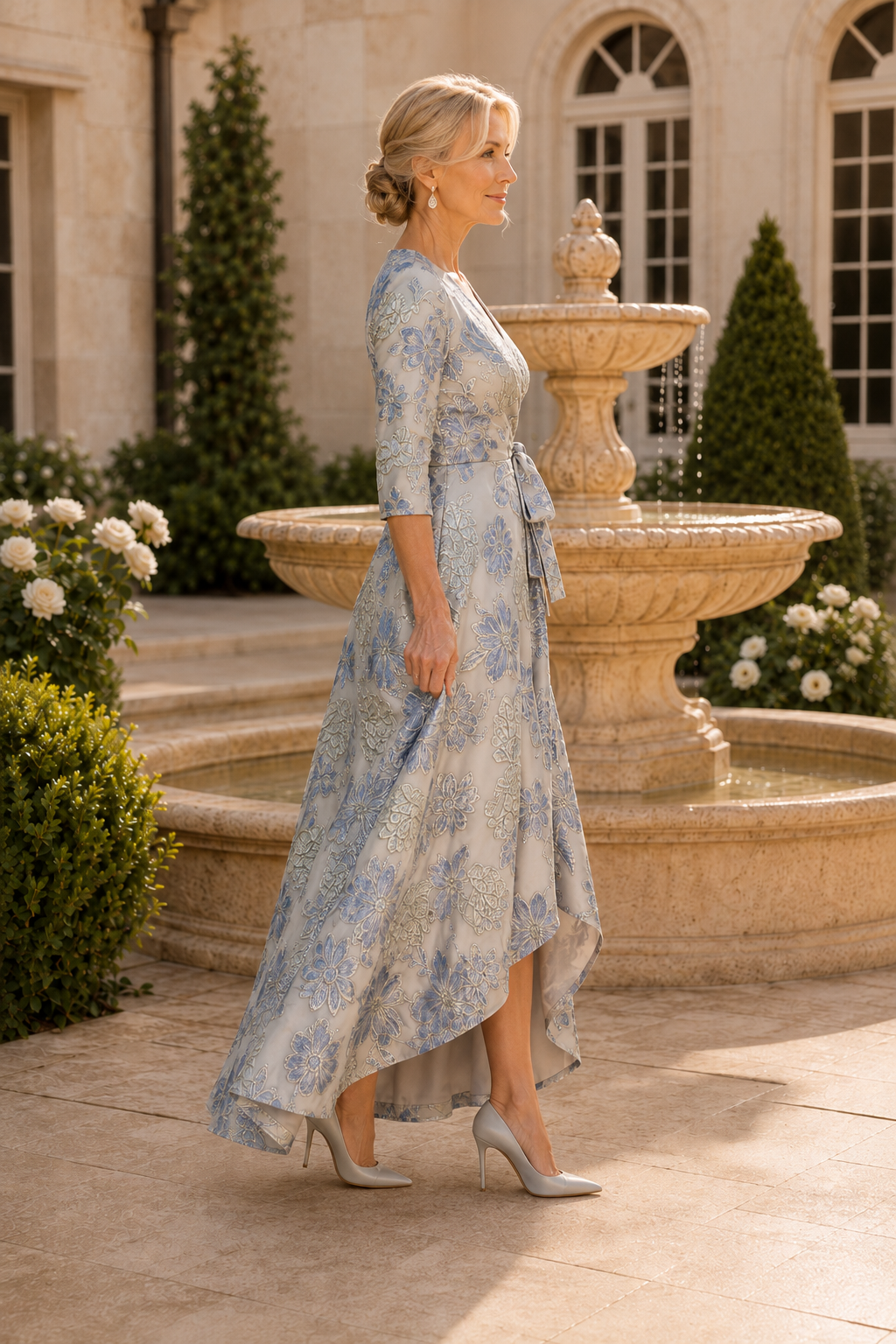 Geblümtes Jacquard-Wickelkleid mit hohem und tiefem Saum