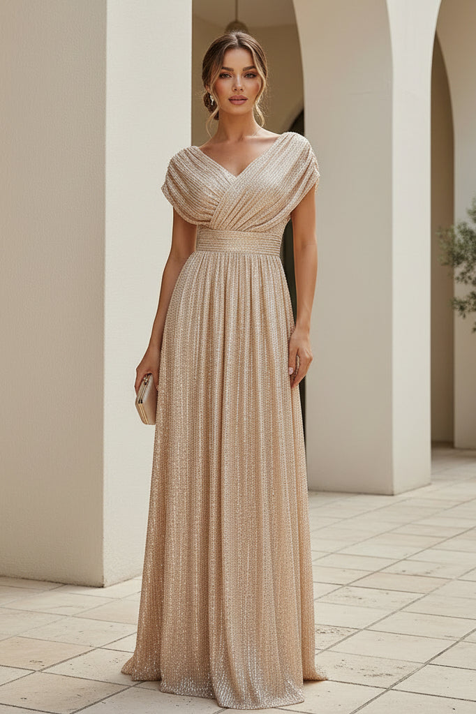 Pailletten-Abendkleid mit V-Ausschnitt, Flügelärmeln und A-Linie