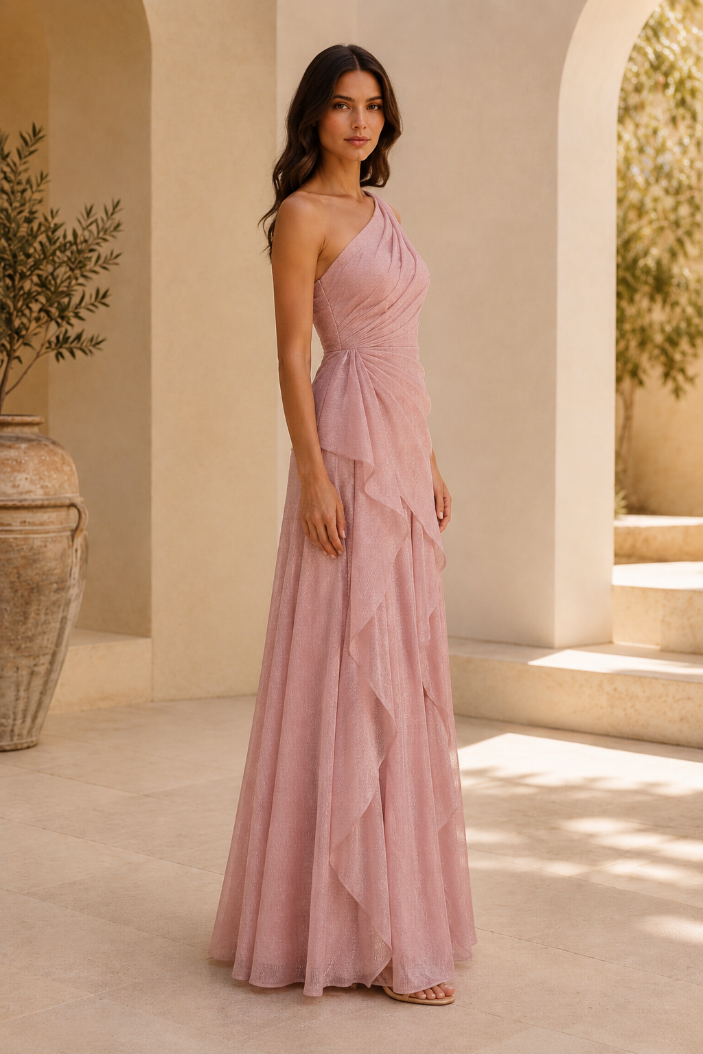 Ein-Schulter-Glitzerkleid mit Stufenrüschenrock