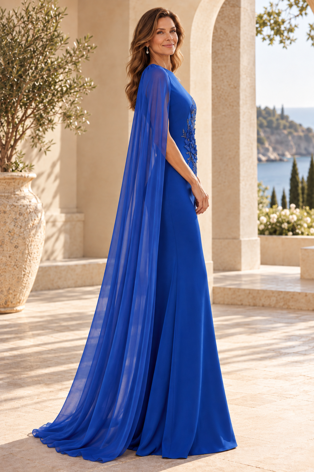 Chiffon Cape Evening Gown with Floral Appliques