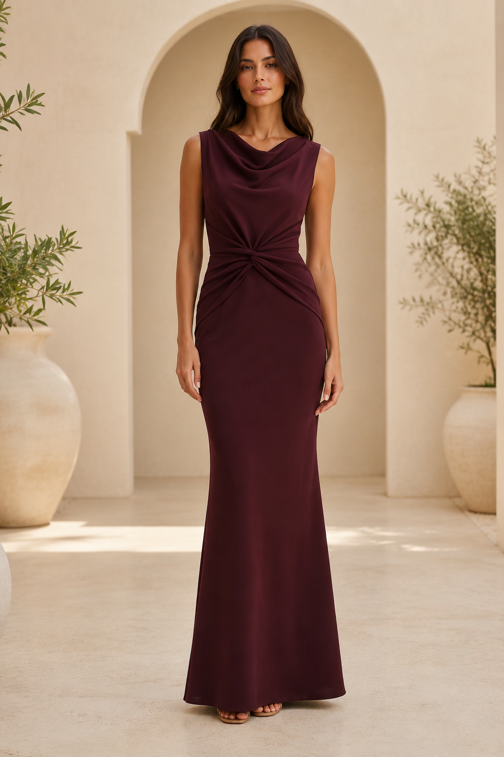 Abendkleid mit Wasserfallausschnitt, Raffungen und Meerjungfrauen-Schnitt