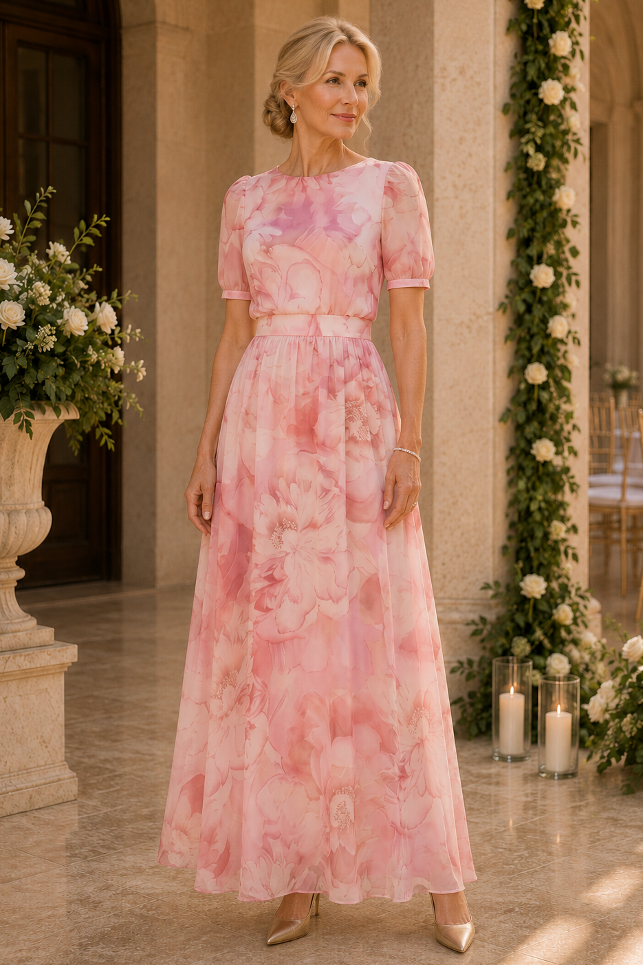 Geblümtes A-Linien Maxikleid mit Puffärmeln