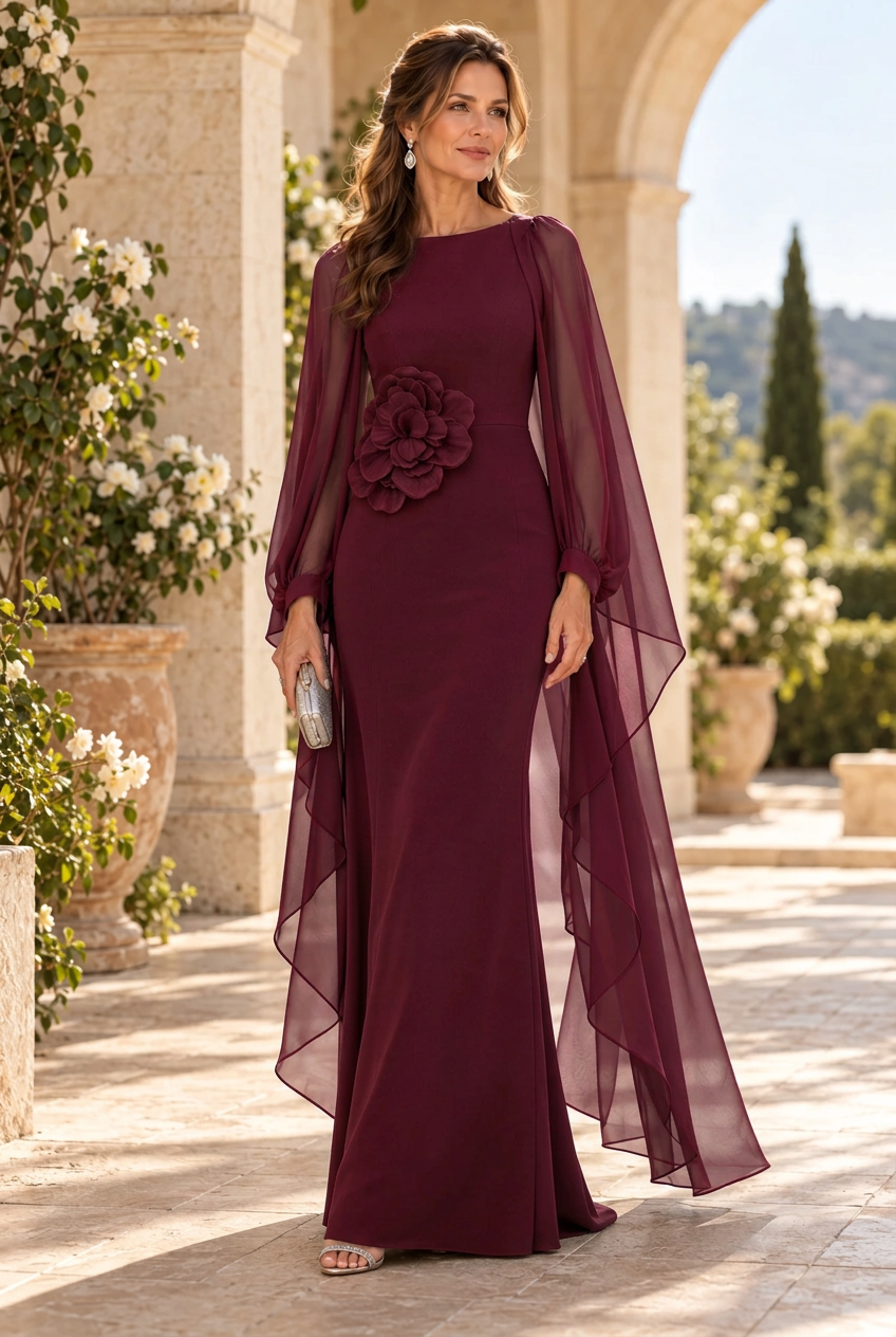 Chiffon Cape Sleeve Evening Gown with 3D Flower