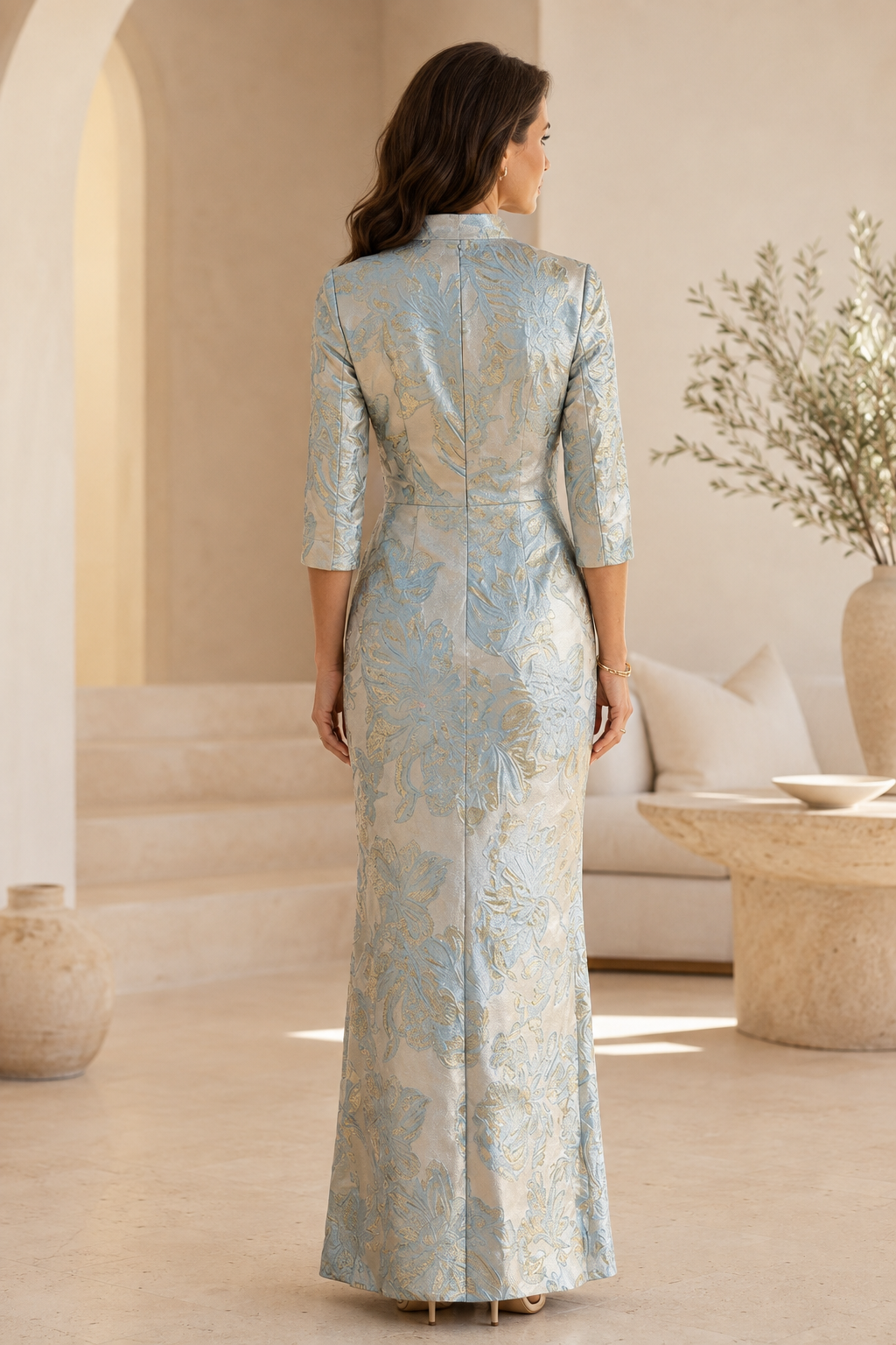 Metallic-Blumen-Jacquard-Abendkleid mit Stehkragen, 3/4-Ärmel