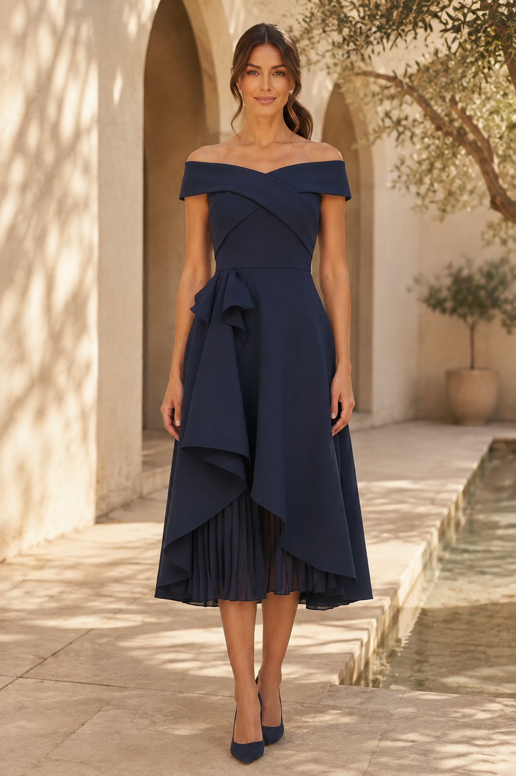 Schulterfreies Midikleid mit Stufenrüschenrock