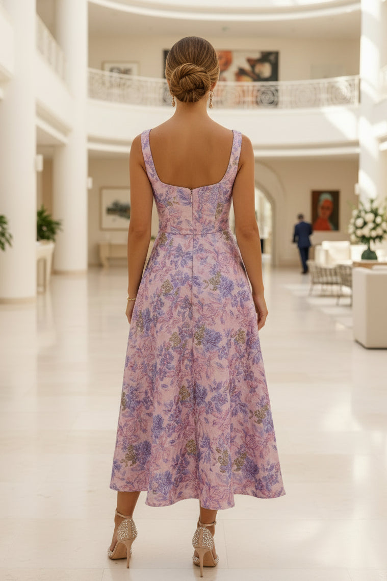Geblümtes Jacquard-Midikleid mit Schleifendetail