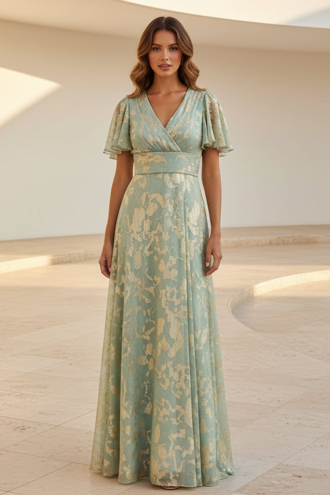 Metallic-Jacquard-A-Linien-Kleid mit Flatterärmeln