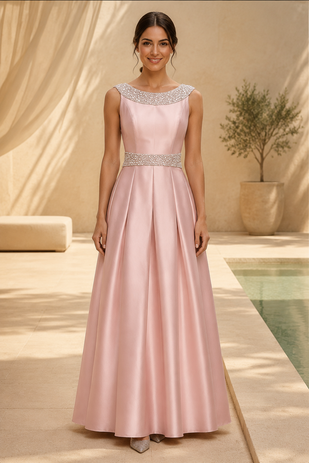 Perlenbesetztes Satin-Abendkleid mit Bateau-Ausschnitt und A-Linie