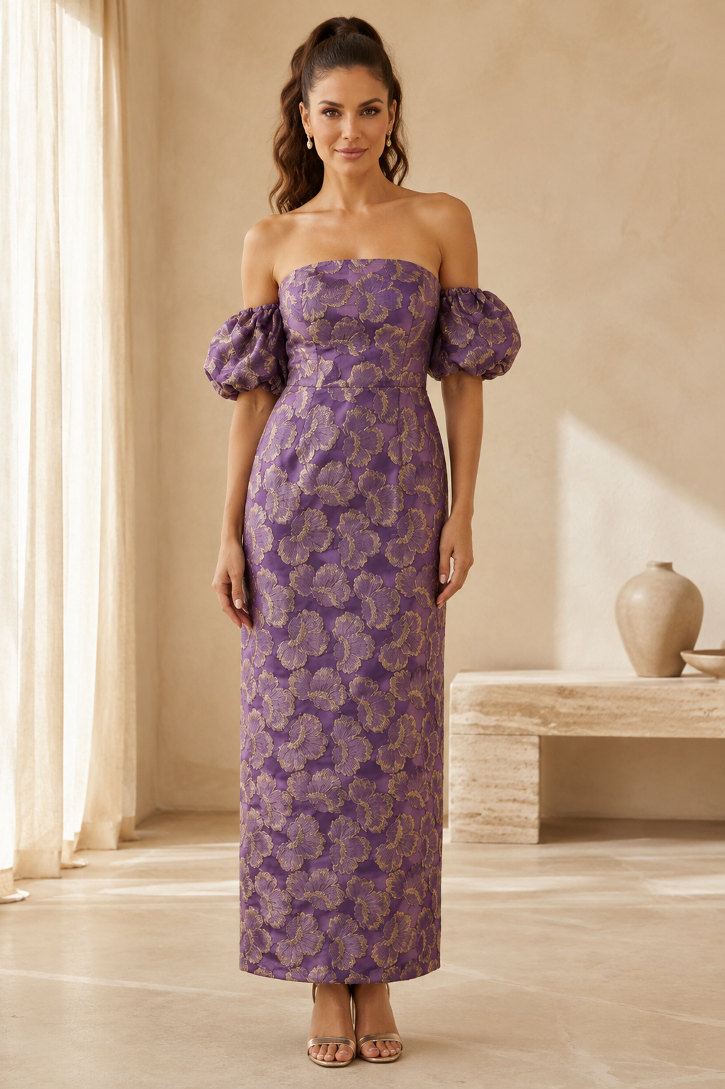 Off-Shoulder-Jacquardkleid mit Puffärmeln