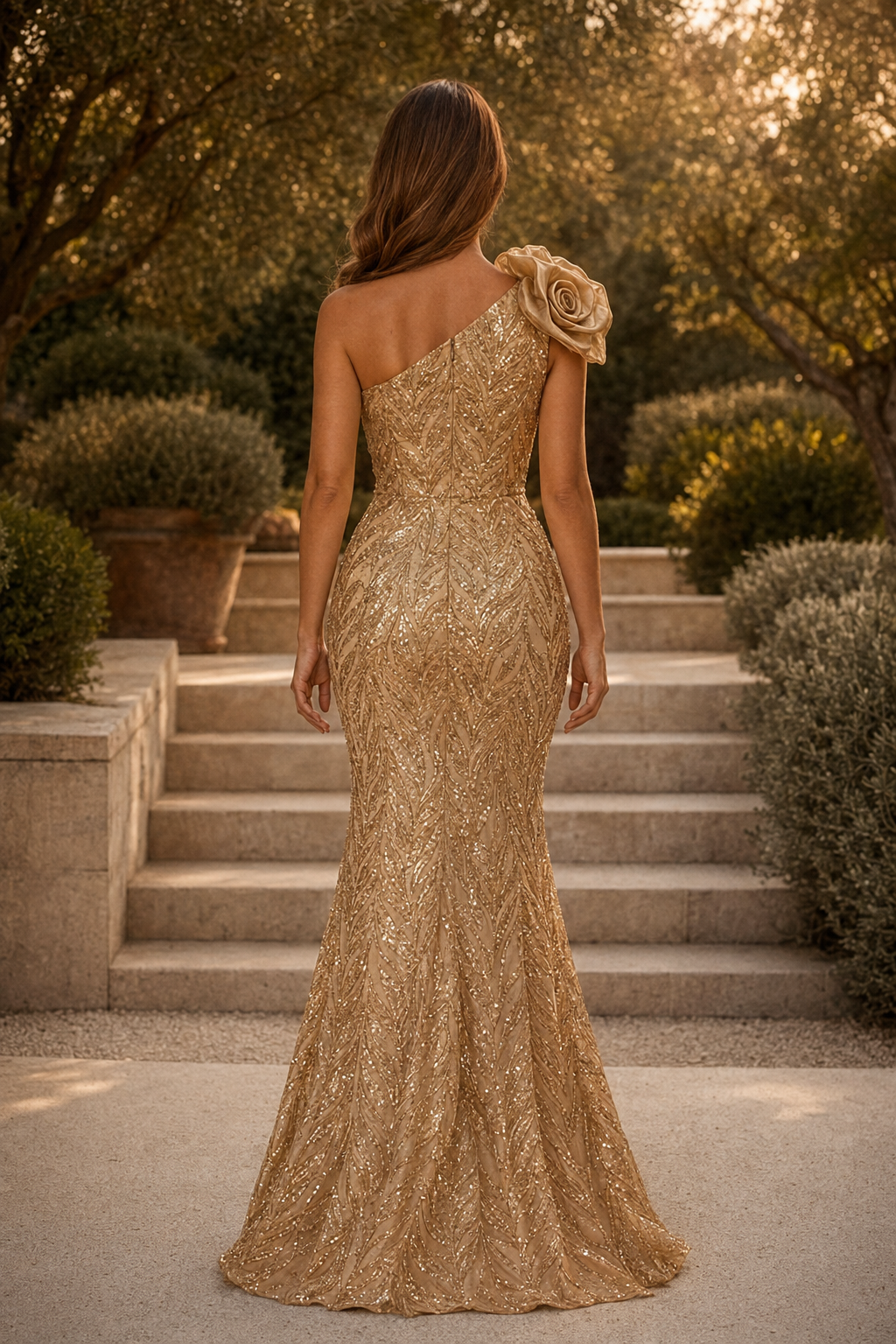 Ein-Schulter-Abendkleid im Meerjungfrauen-Stil mit Blumenmuster und Pailletten