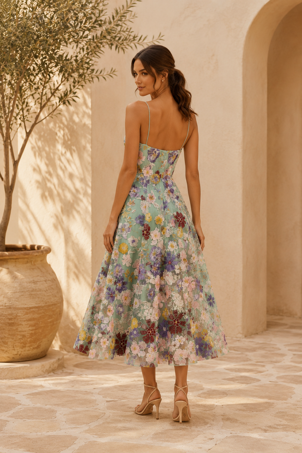 Blumenbesticktes Sweetheart-Midikleid
