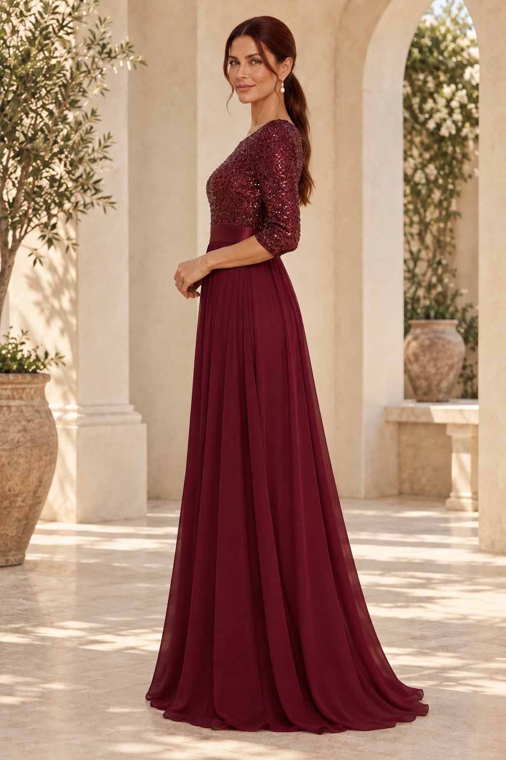 Sequin Bodice A-Line Gown with 3/4 Sleeves