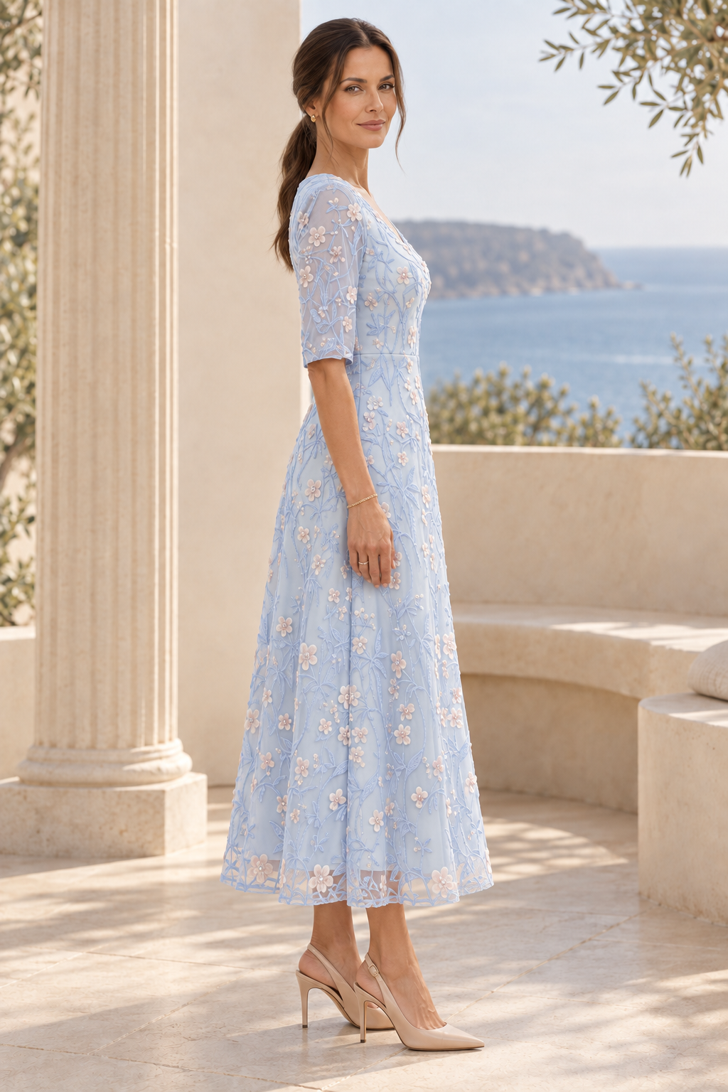 Floral 3D Appliqué A-Line Midi Dress