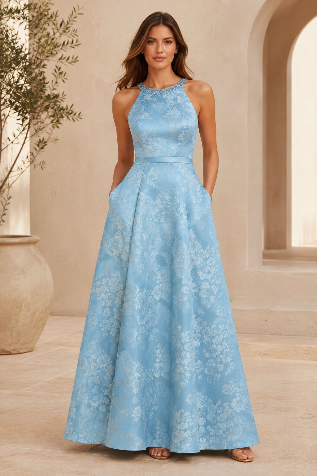 Geblümtes Jacquard-Neckholderkleid mit Perlenverzierung am Ausschnitt