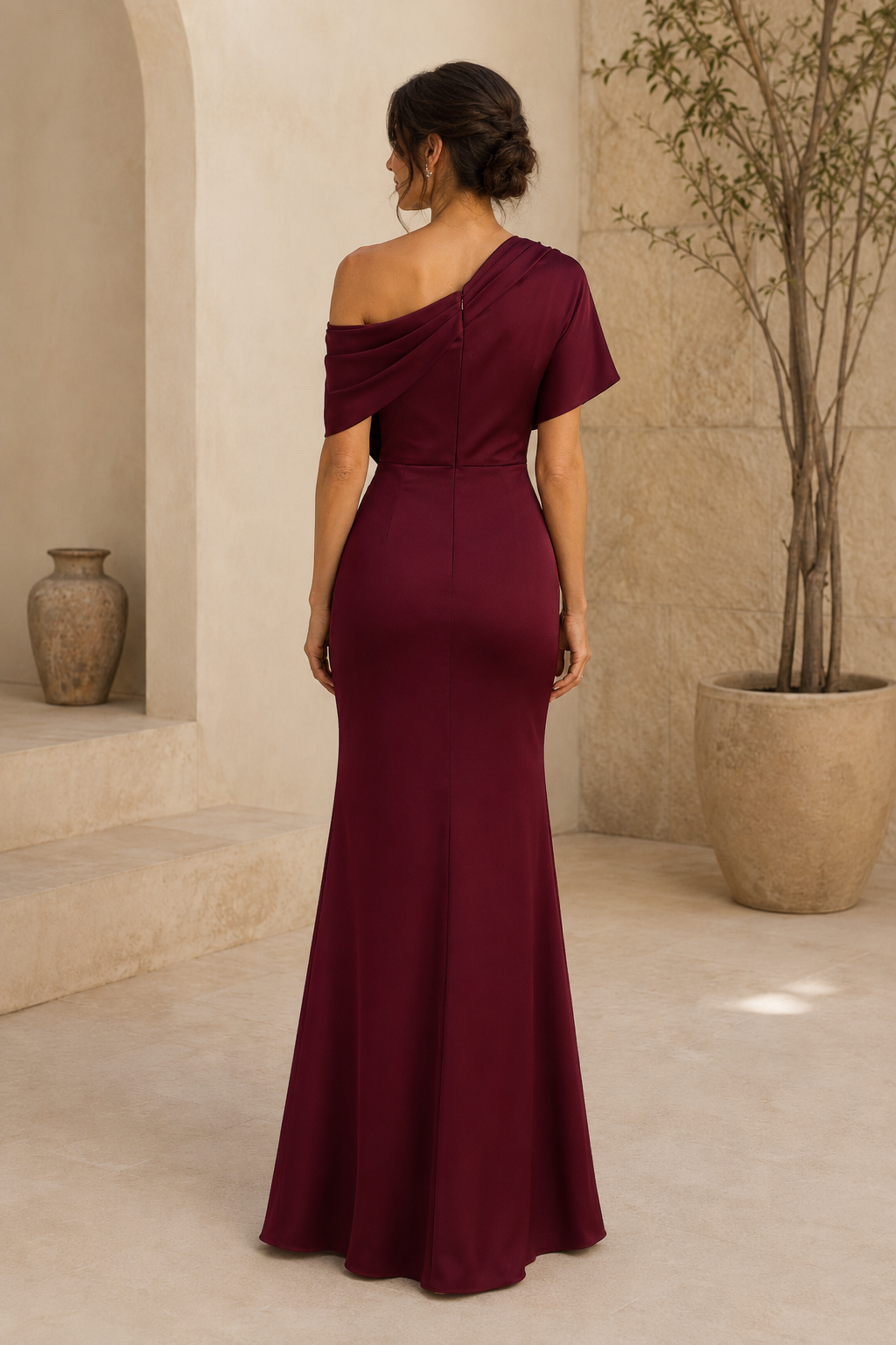 Asymmetrisches, drapiertes Satin-Abendkleid in Trompetenform