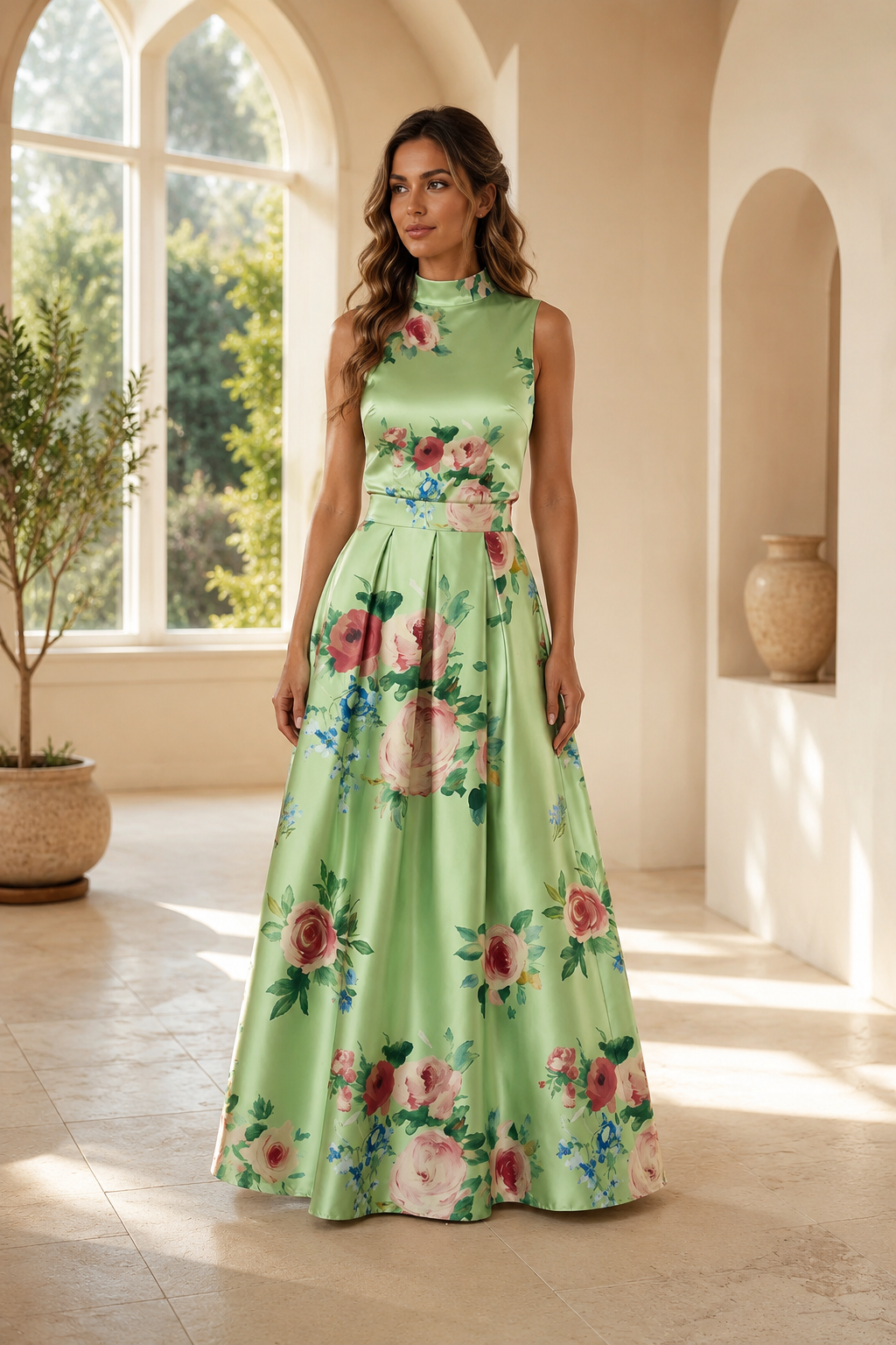 Maxikleid aus Satin mit Blumenmuster, A-Linie und hohem Halsausschnitt