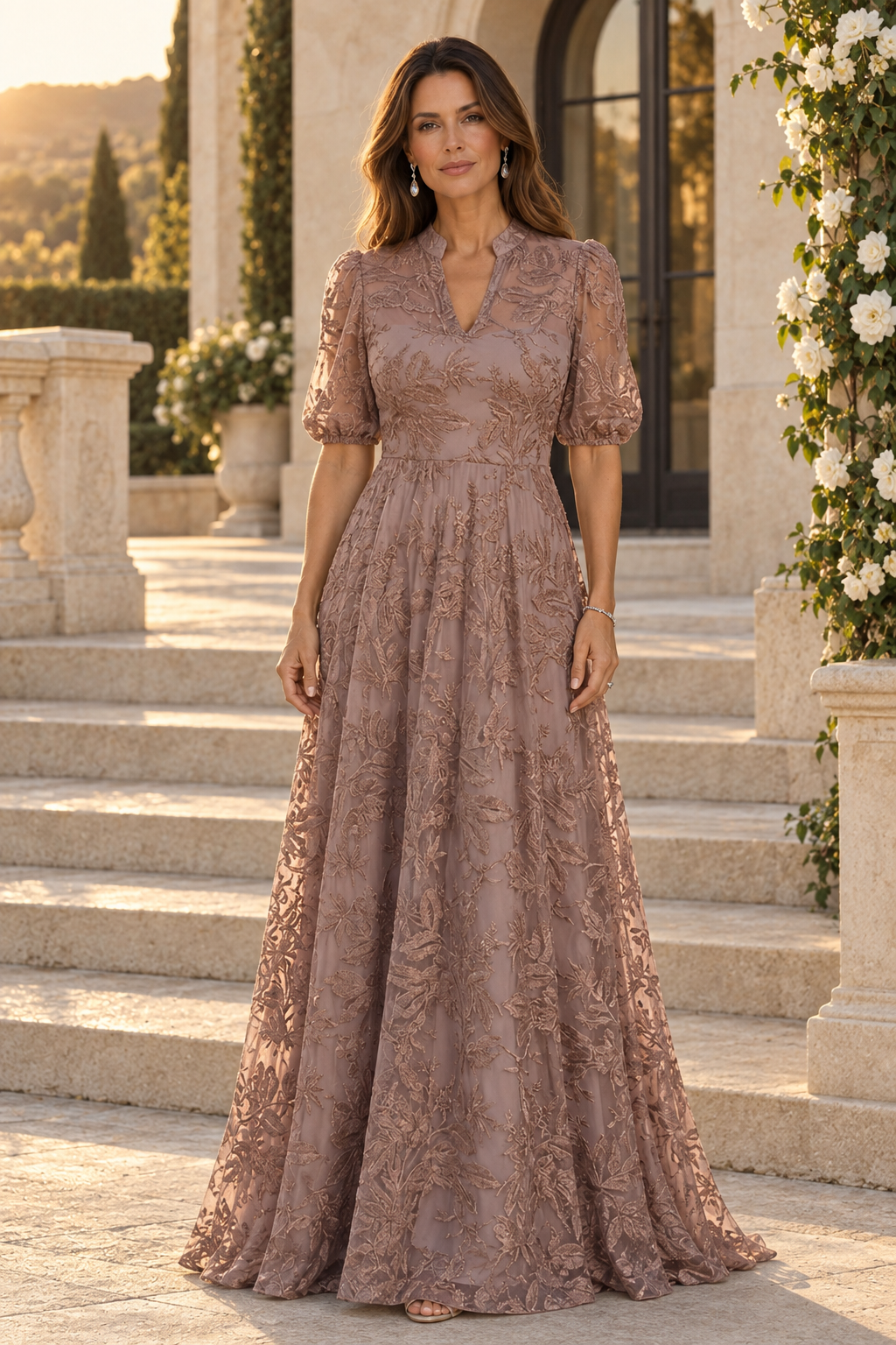 Embroidered Lace A-Line Gown with Puff Sleeves