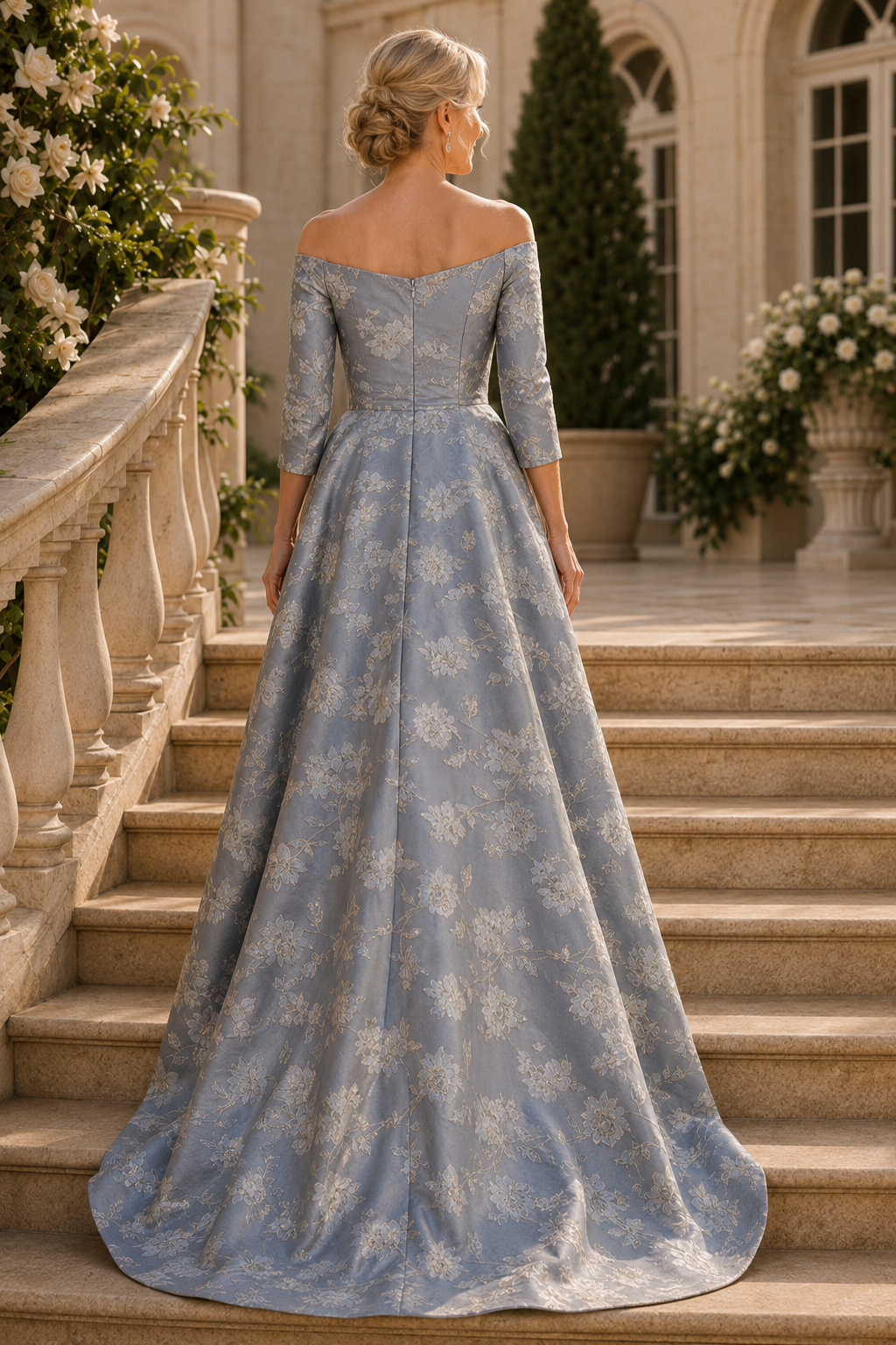Florales Jacquard-Abendkleid mit 3/4-Ärmeln und High-Low-Saum