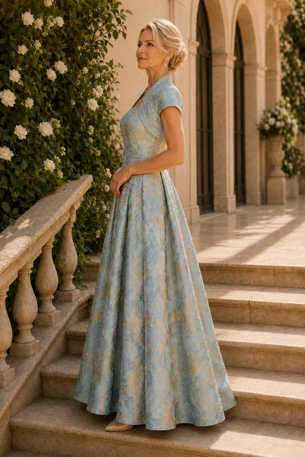 Formelles Brokat-Kleid in A-Linie mit kurzem Bolero