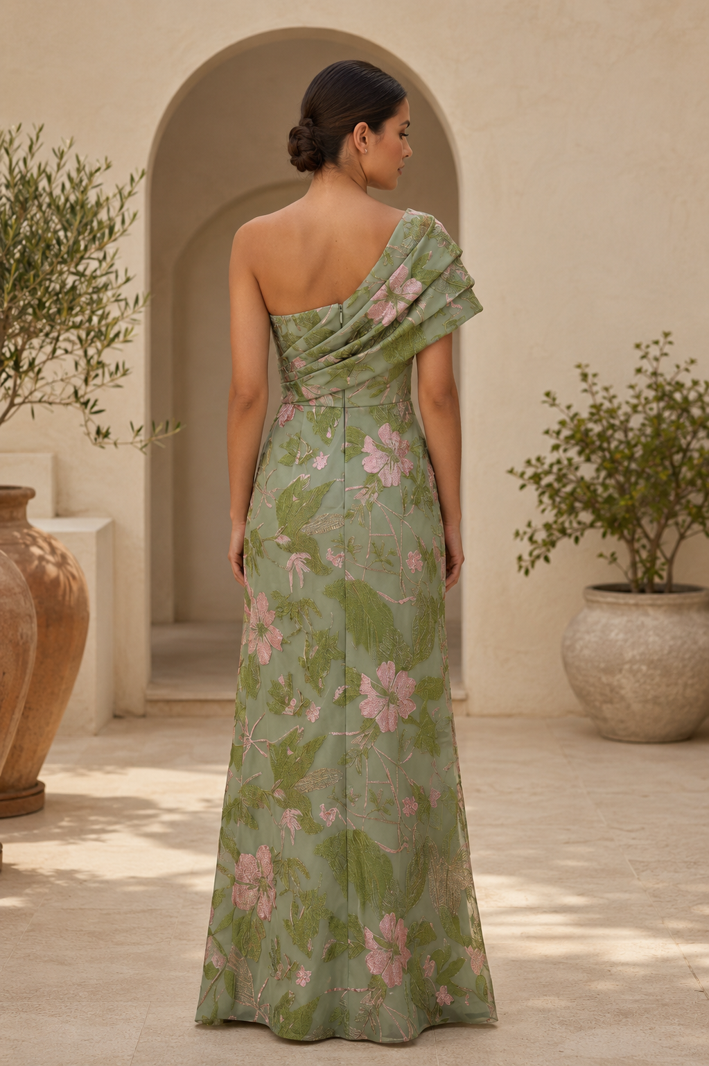 Blumenbedrucktes One-Shoulder-Kleid mit plissierter Drapierung