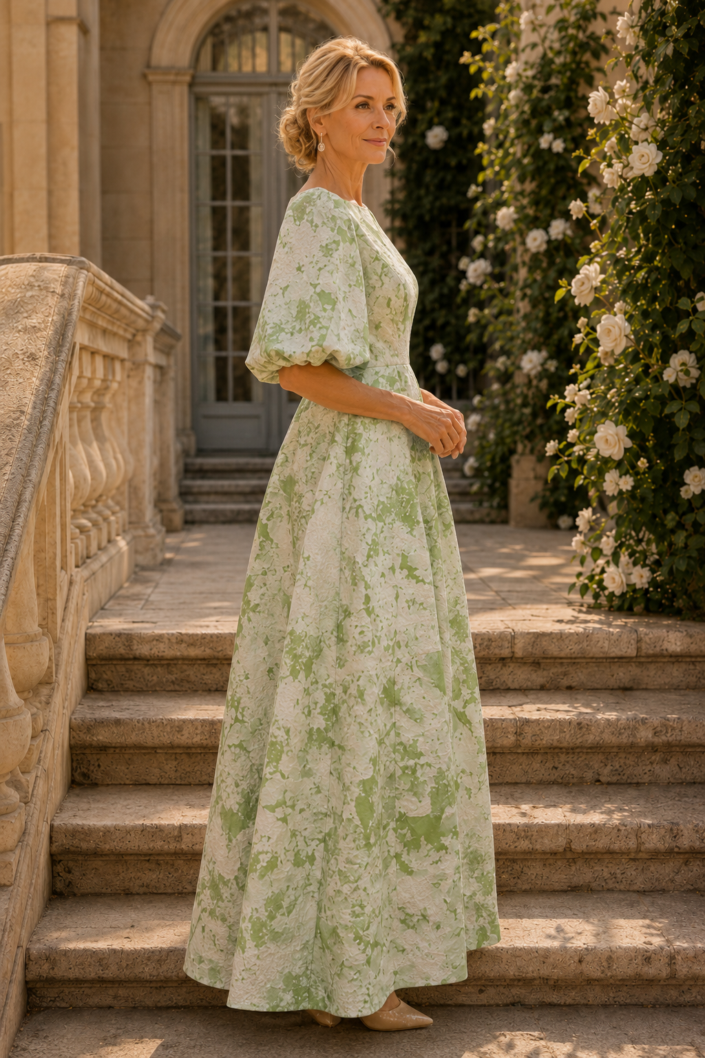 Maxikleid mit Puffärmeln und Falten im A-Linien-Schnitt