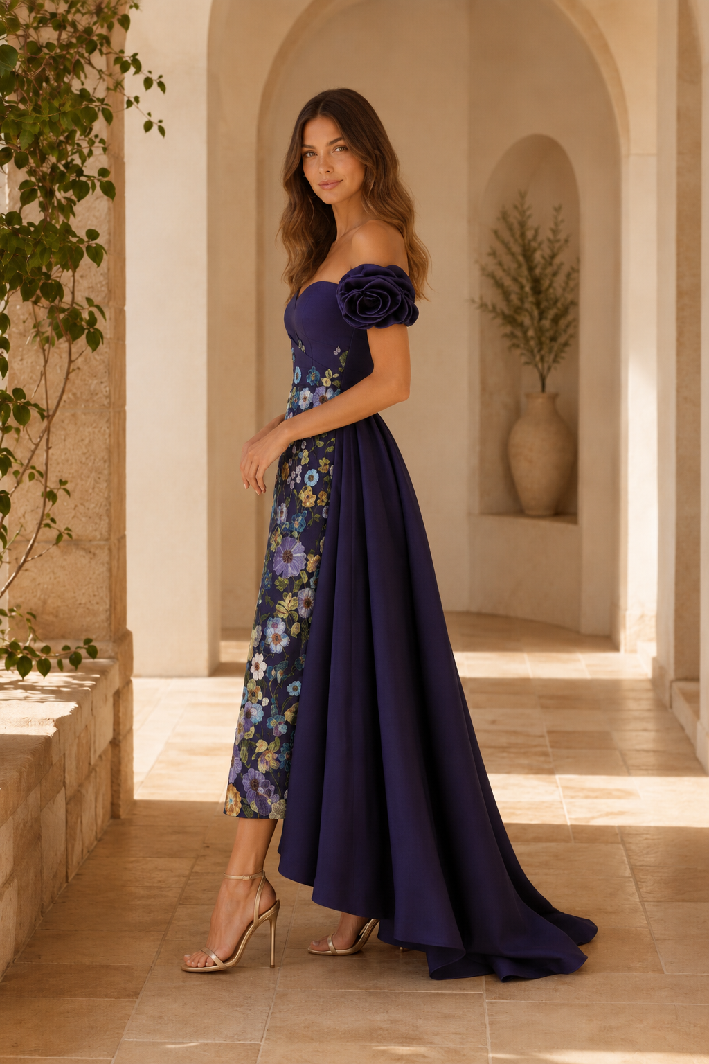 Carmen-Blumenkleid mit Rosettenträgern und Überrock