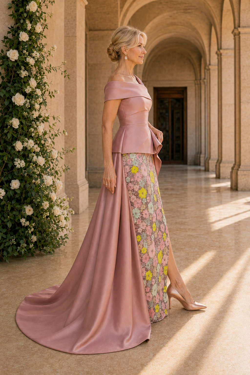 Asymmetrisches Satinabendkleid mit Blumenrock