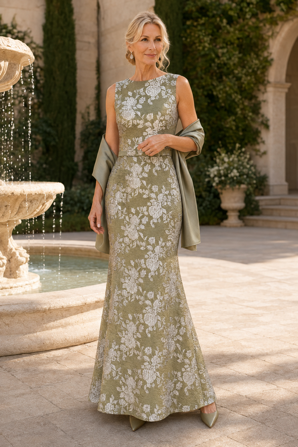 Ärmelloses Abendkleid mit Blumen-Jacquard und Trompetenrock