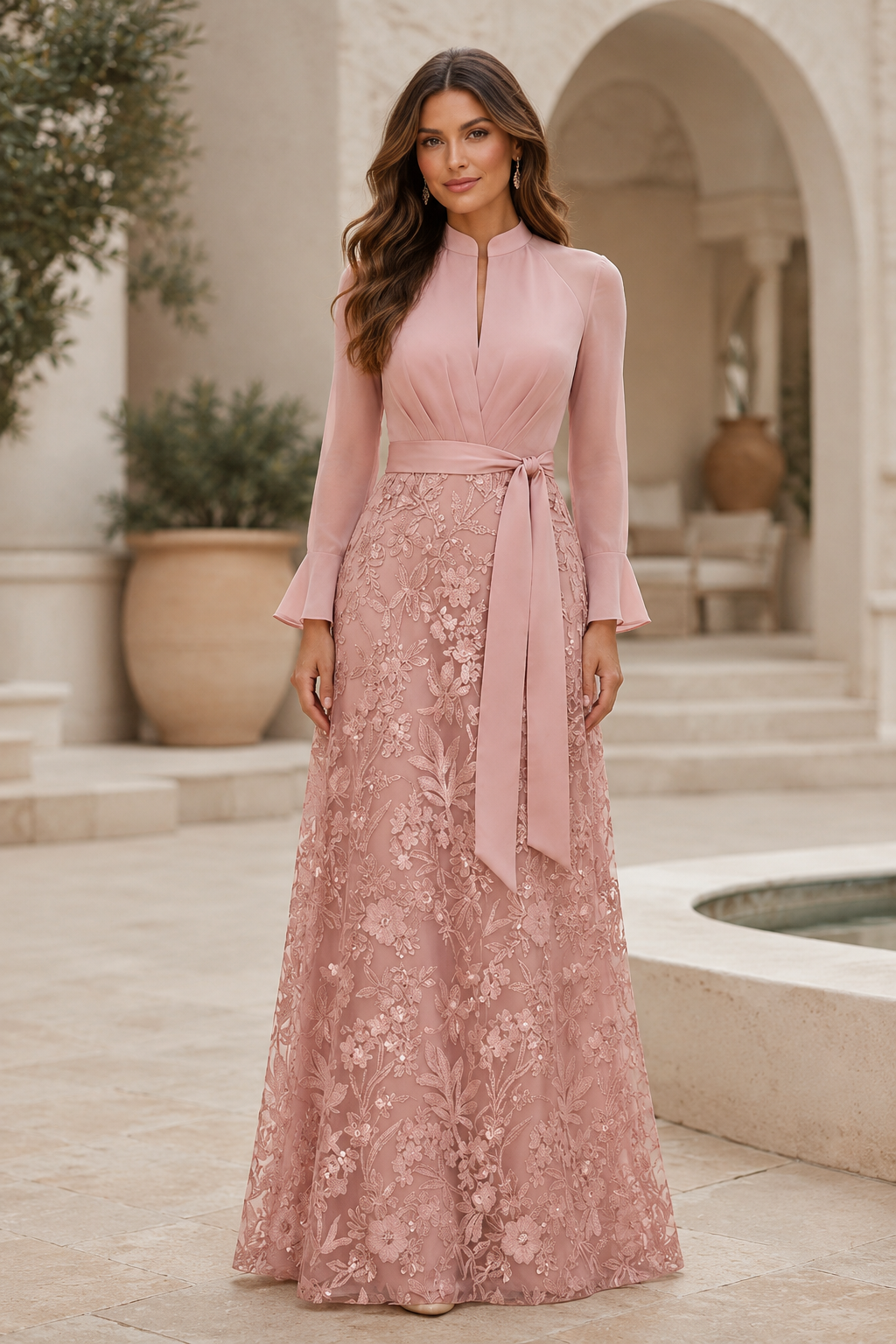 Elegantes, hochgeschlossenes A-Linien-Abendkleid aus Spitze