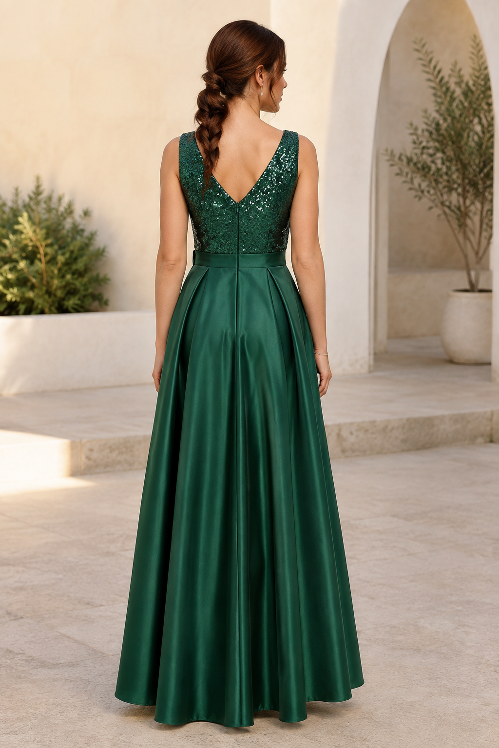 Pailletten-Oberteil, High-Low-Abendkleid aus Satin