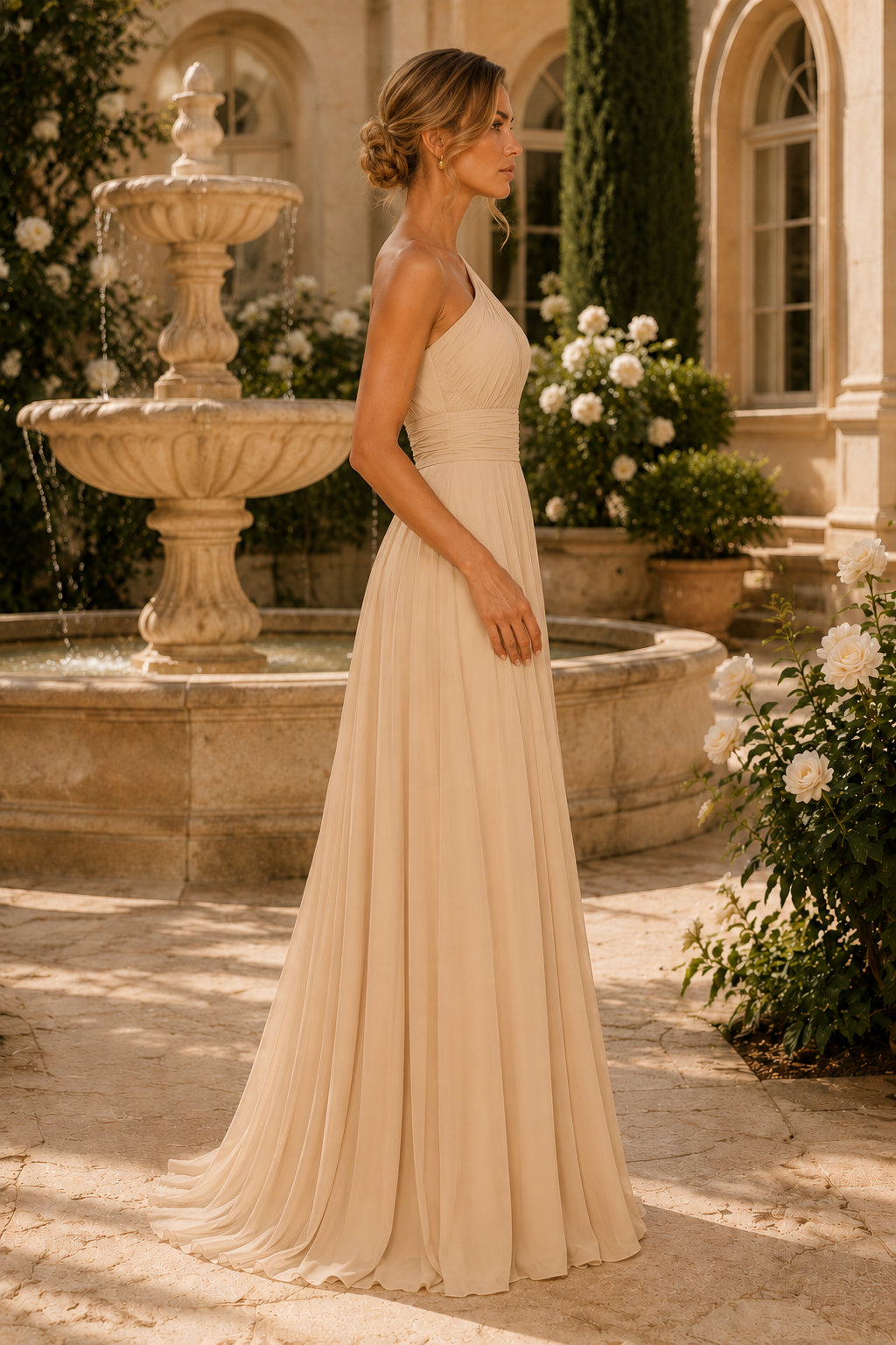 One-Shoulder Plissiertes Chiffon Maxikleid