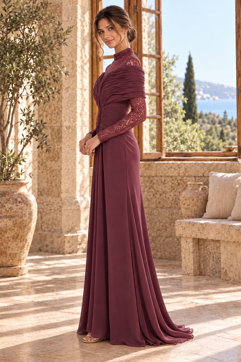 Lace High Neck Ruched Bodice Evening Gown