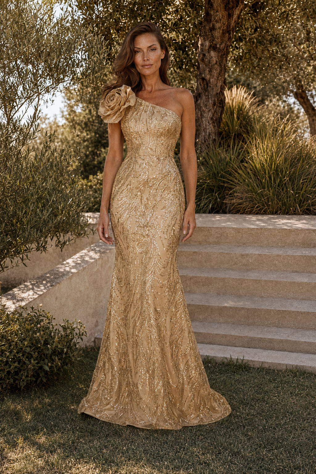 Ein-Schulter-Abendkleid im Meerjungfrauen-Stil mit Blumenmuster und Pailletten