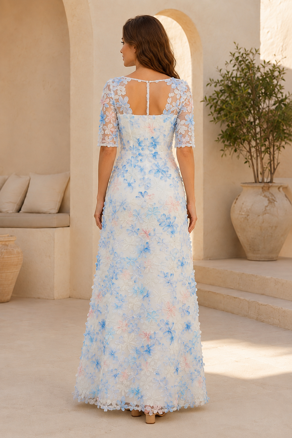 3D-Blumenapplikationen A-Linien-Illusion-Kleid