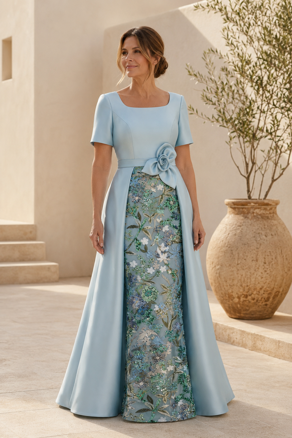 Kurzarmkleid mit eckigem Ausschnitt und besticktem Rock