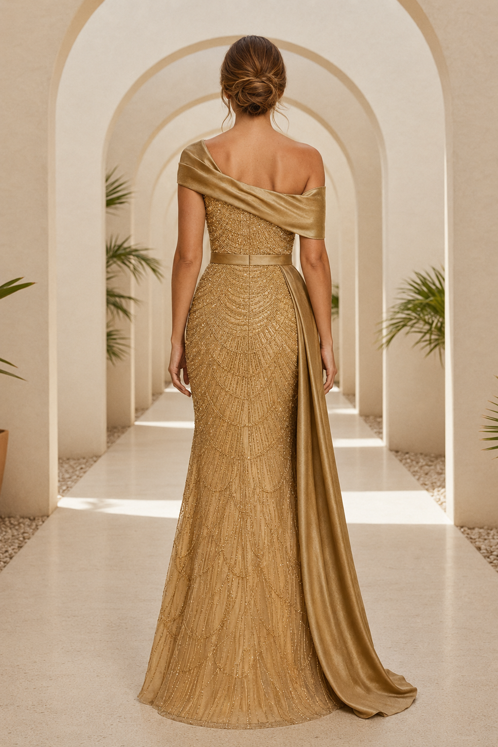 Kleid mit asymmetrischem, perlenbesticktem Ausschnitt und seitlicher Raffung