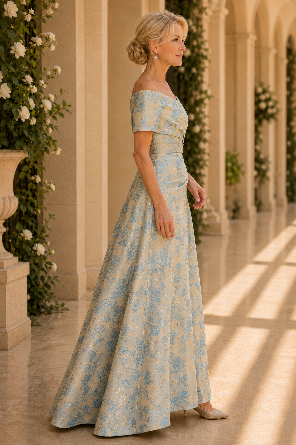 Blumen-Jacquard-A-Linien-Kleid mit Carmen-Ausschnitt