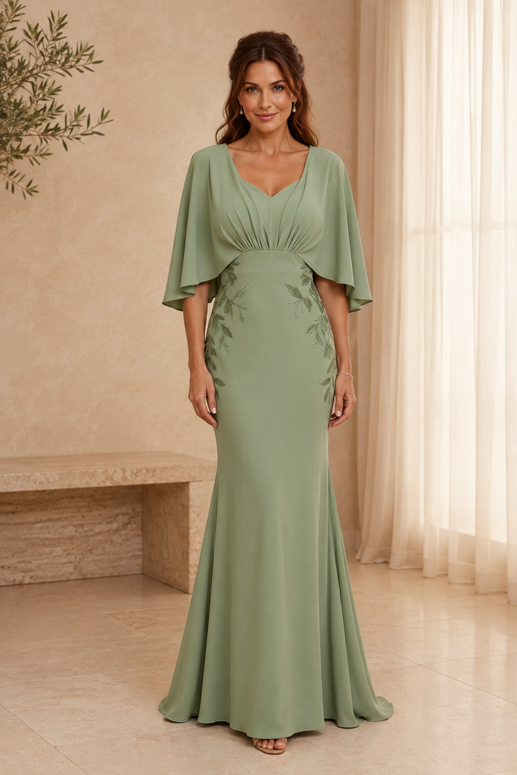 Meerjungfrau-Abendkleid mit Flatterärmeln und Rankenstickerei