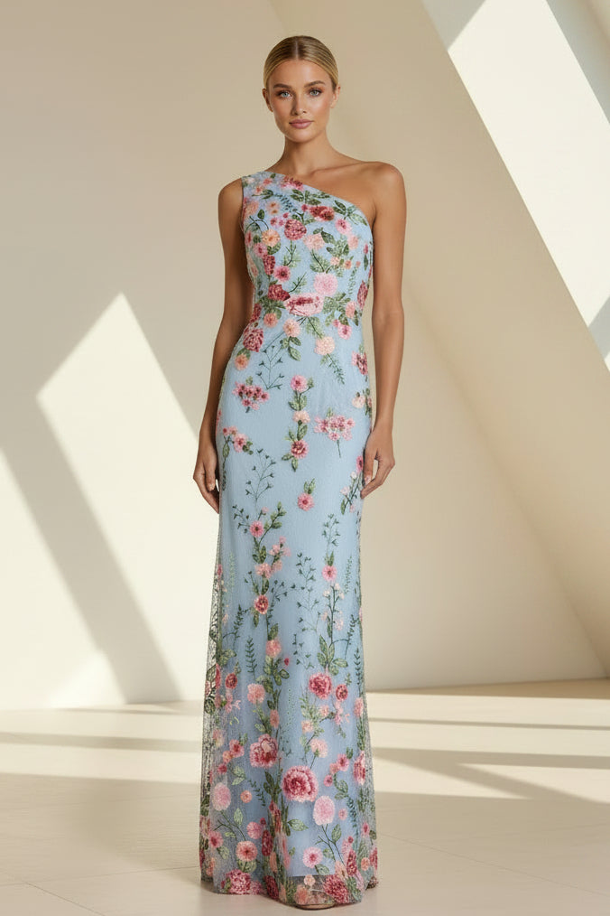 Besticktes florales One-Shoulder-Abendkleid