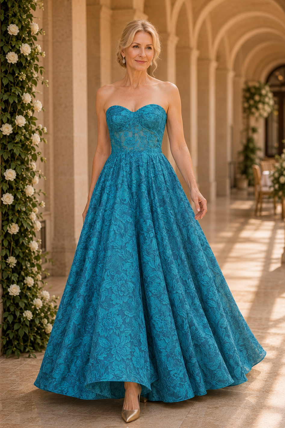 Trägerloses Jacquard-Ballkleid mit Blumenmuster