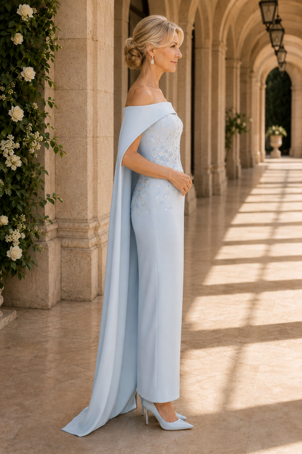 Perlenbesetztes schulterfreies Cape-Säulenkleid