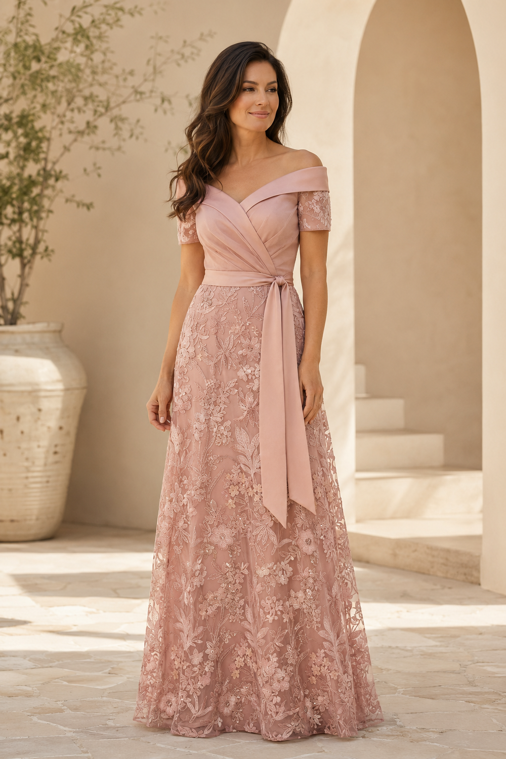 Schulterfreies Spitzen-Abendkleid in A-Linie mit Schärpe