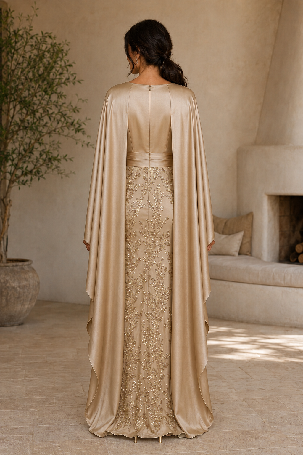 Plissiertes Satincape-Kleid mit besticktem Rock