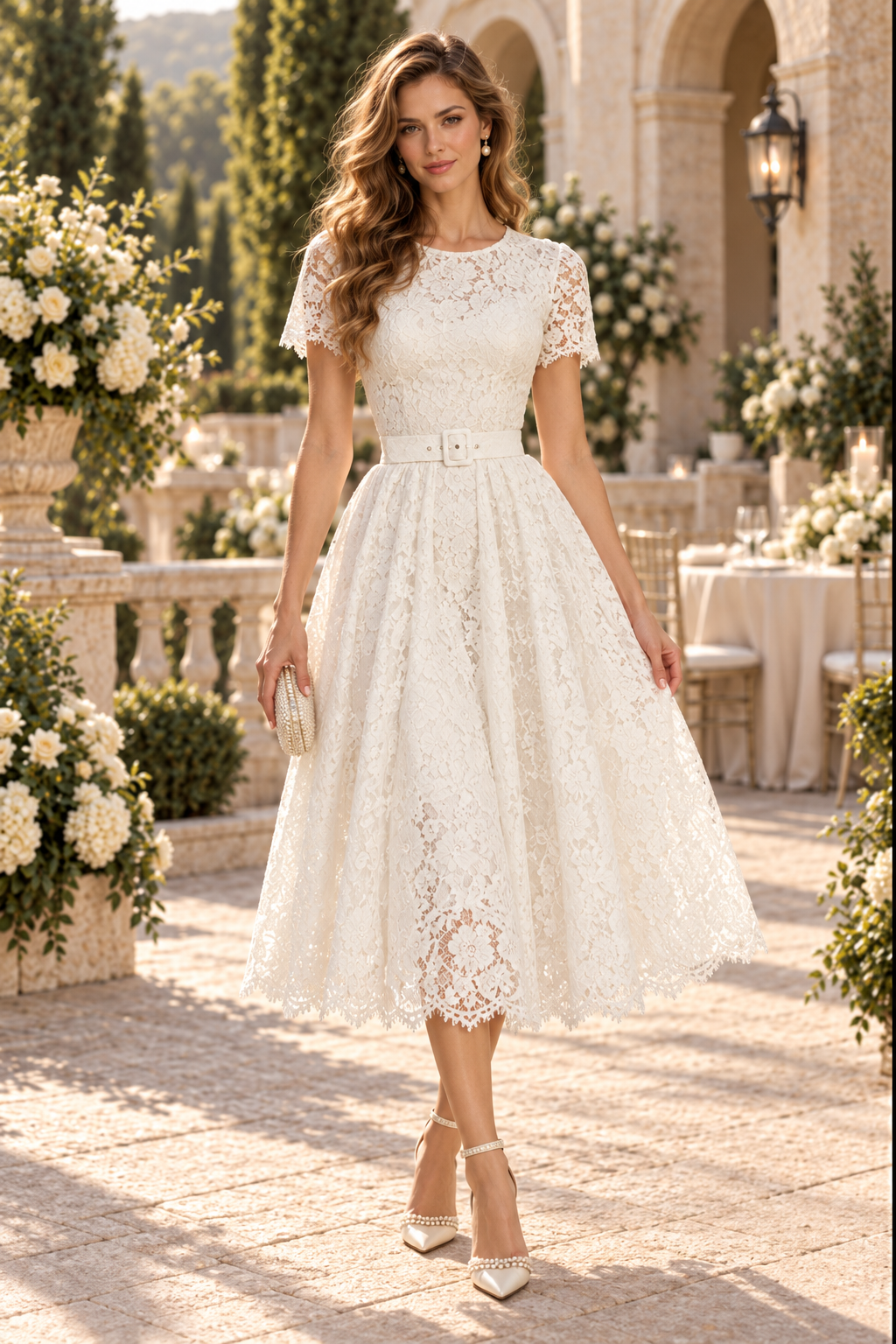 Short-Sleeve Lace A-Line Midi Dress with Belt