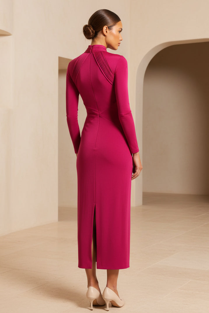 Hochgeschlossenes Keyhole-Bodycon-Midikleid mit langen Ärmeln