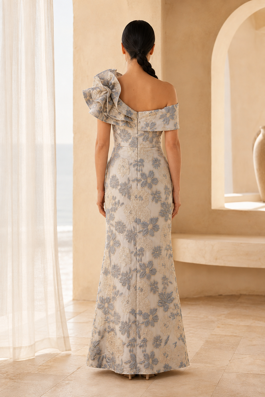 One-Shoulder-Abendkleid aus floralem Jacquard mit Rüschenbesatz