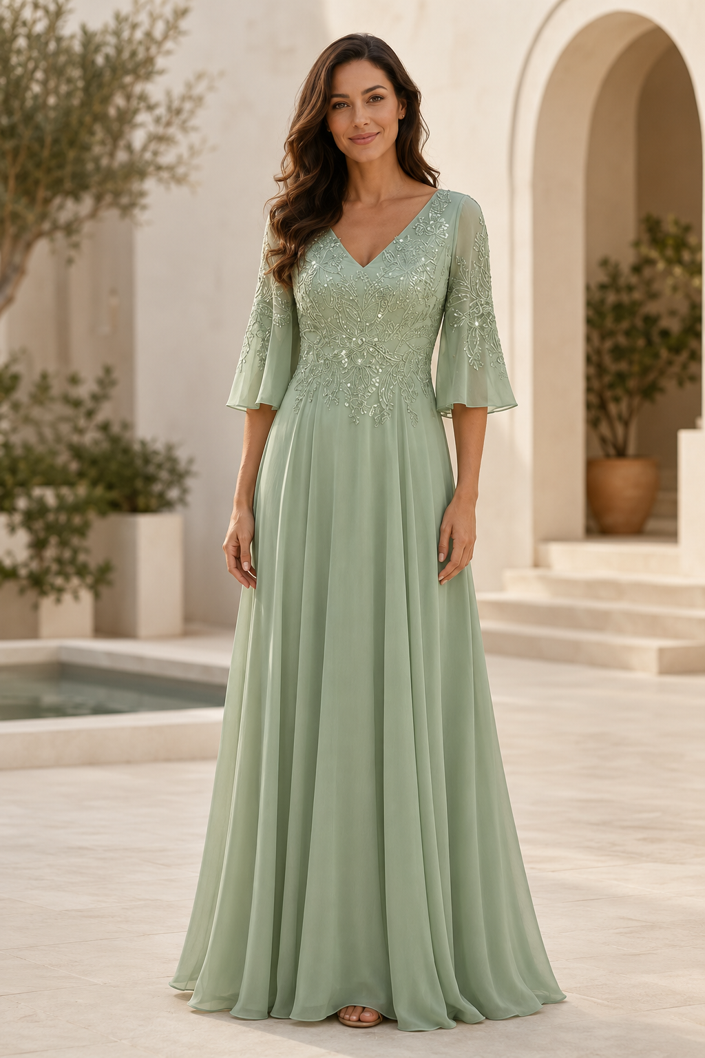 Chiffon-A-Linien-Kleid mit Spitze und Glockenärmeln