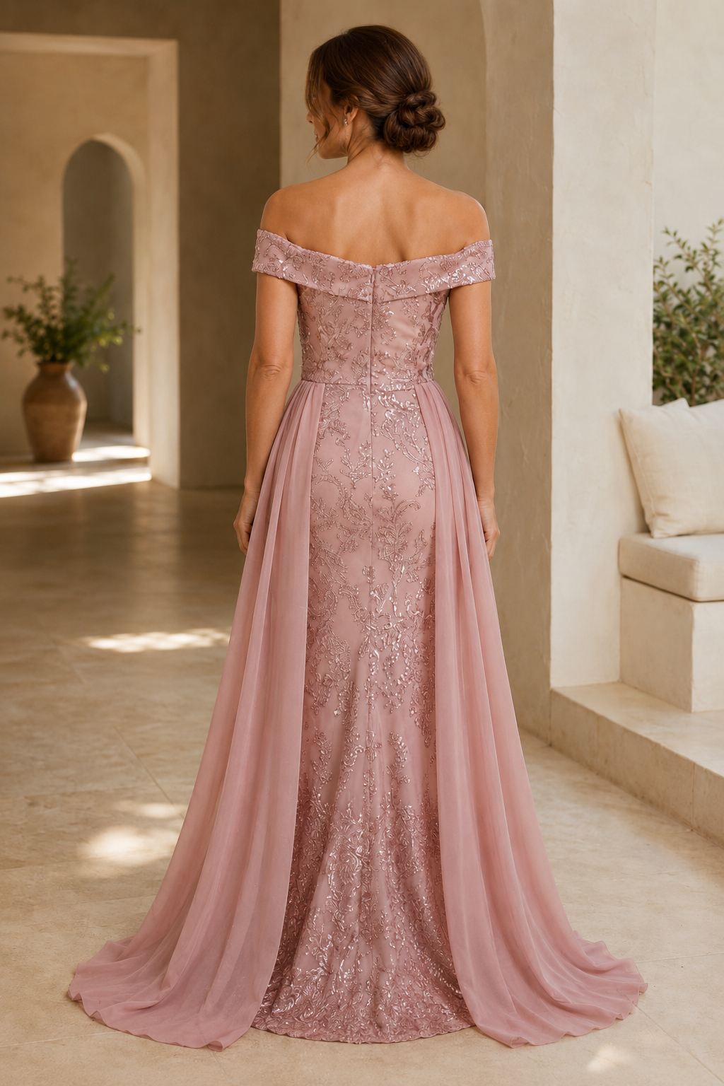 Off-Shoulder Meerjungfrauenkleid aus Spitze mit Überrock