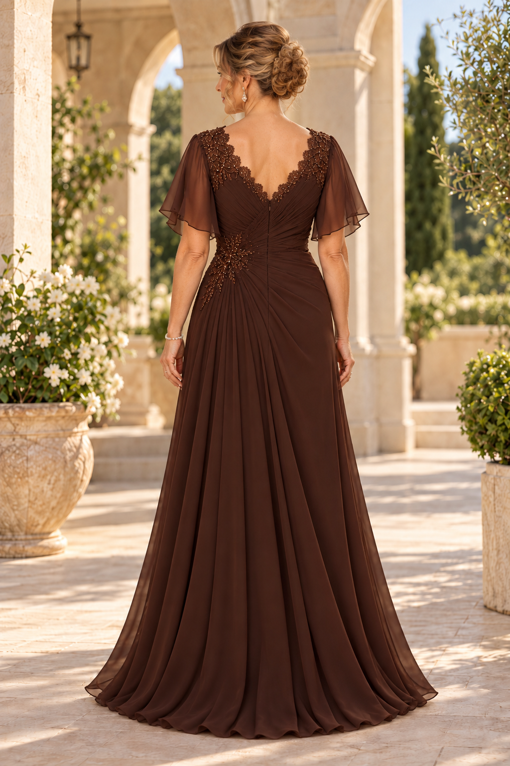 Ruched Chiffon A-Line Gown with Flutter Sleeves