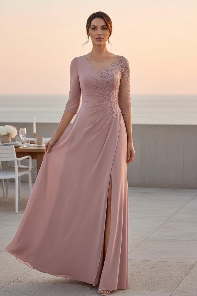 Asymmetrisches Illusionsspitzen-Abendkleid aus Chiffon